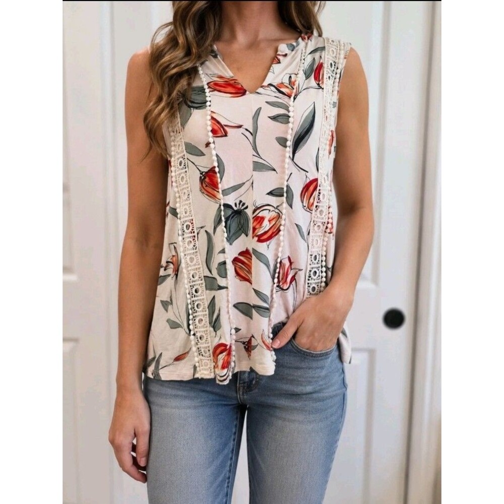 Daniel Rainn Ivory Floral V-Neck Sleeveless Knit Lace Button Blouse Women M